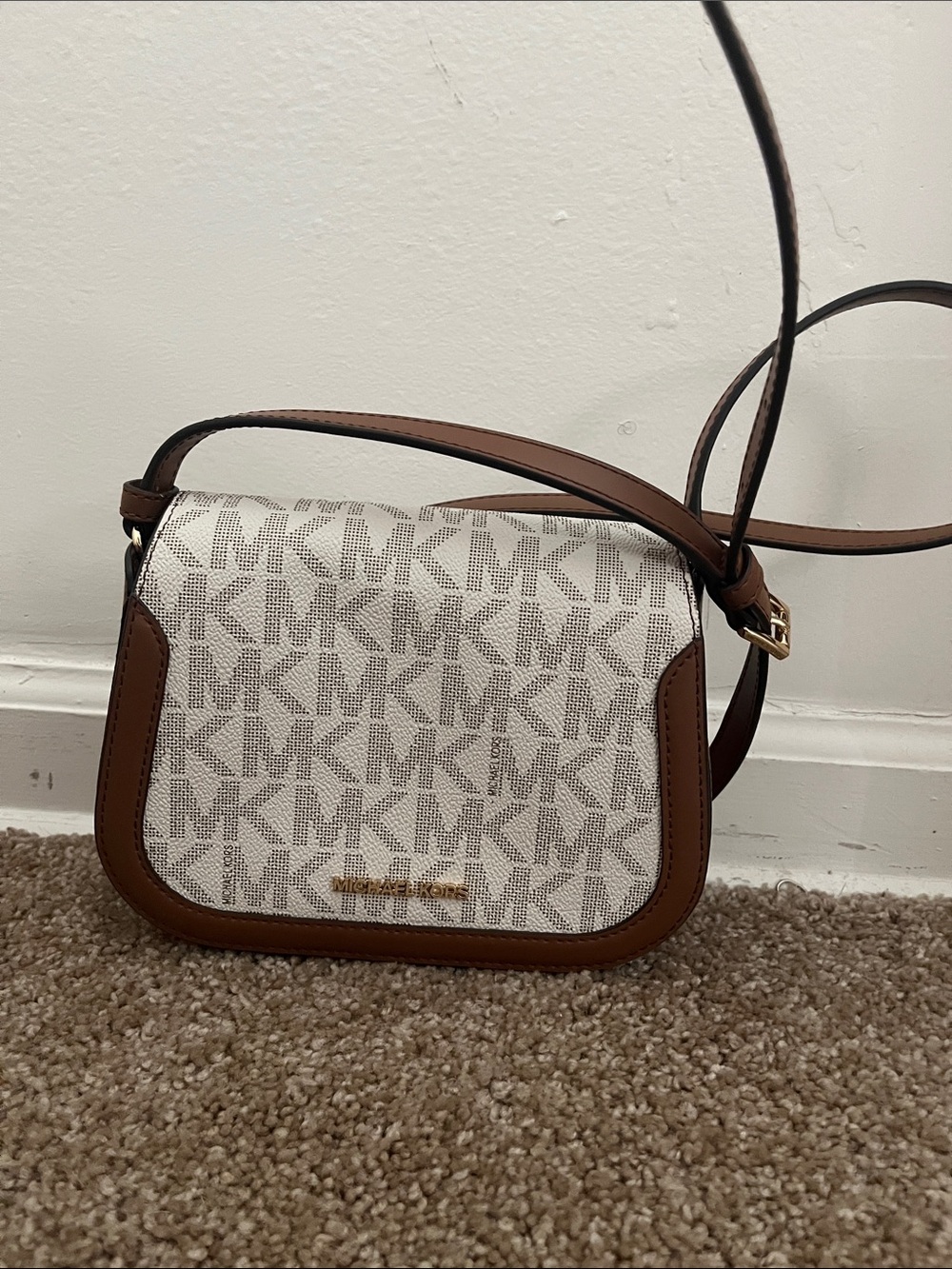 Michael Kors White Logo Crossbody with Brown Trim
